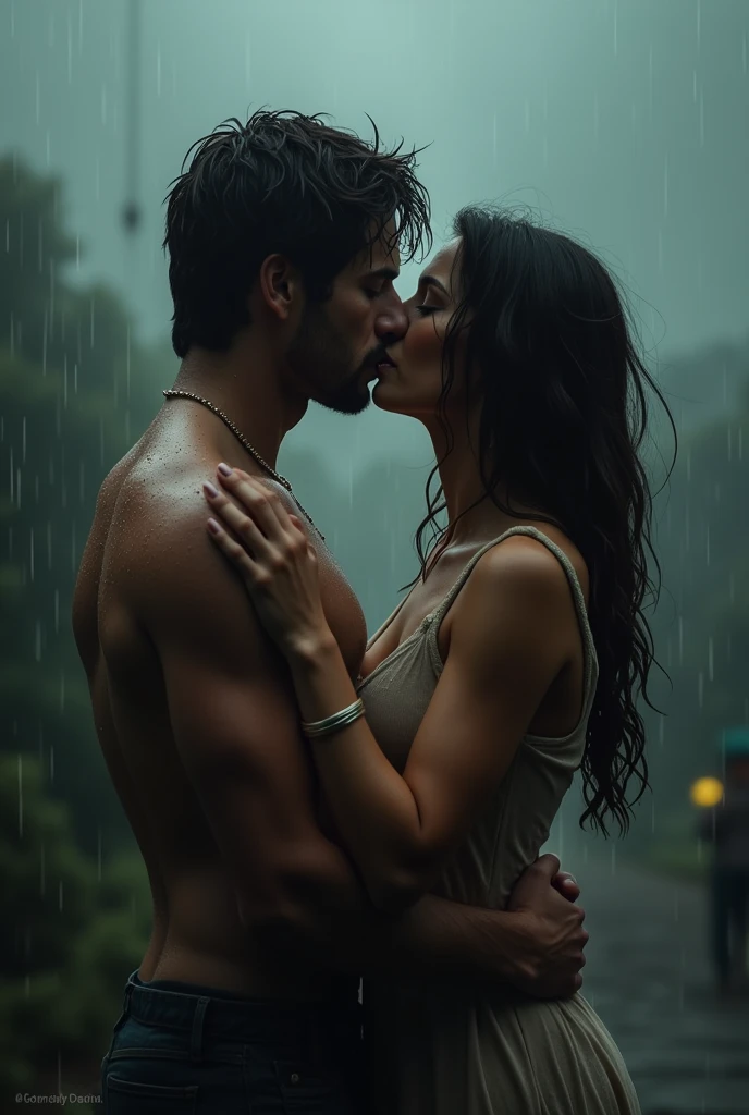A couple, under shower, black and red clothes, close proximity, both wet, background a bit magical, more natural, her pinned against the wall,