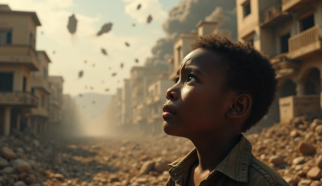2024; (masterpiece, best quality) destroyed city (Luanda)1sad boy  looking up(close-up); bombs falling from the sky.; fire around.