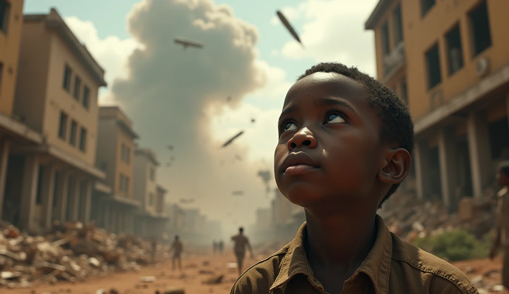 2024; (masterpiece, best quality) destroyed city (Luanda)1sad boy looking up(close-up); bombs falling from the sky.