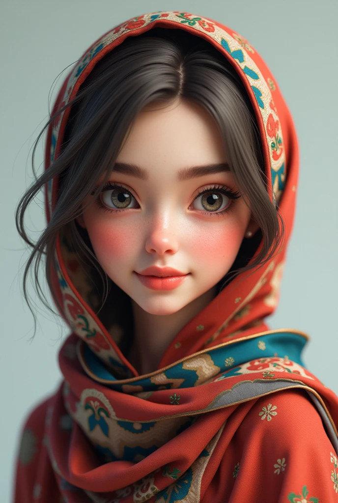 A emma myers,,perfect eyes,with elegance colourful hijab,medium body,eyes wink expression,,pm, 3d render
