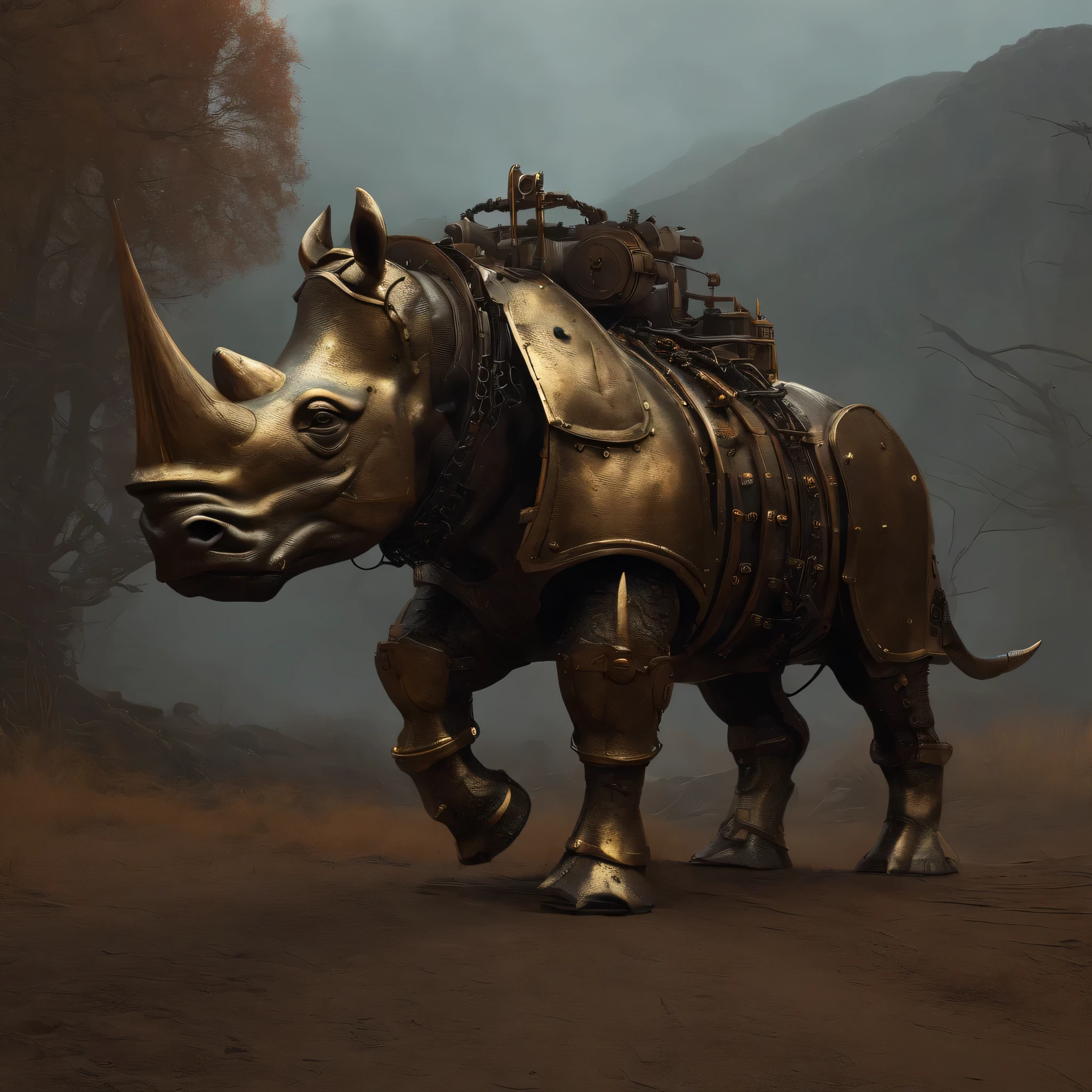 Majestic steampunk rhinoceros with intricately crafted iron armor plating, rivets, and copper pipes, wearing a menacing gaze, as it unpredictably rears up, ready to attack with dramatic ferocity. Hanging from its neck is a thick, worn iron chain with a large, old lock dangling, as if bound to unleash fury. A whiplash-inducing dynamic composition, fragmented with jagged, linear brushstrokes emphasizing the beast's tensed muscles. Despite industrial elements, its textured, oversized body exhibits fantastical properties, rendered in exquisite matte painting style, adhering to the deep color, vibrant aesthetic of Syd Mead, mixed with Zdzisław Beksiński's dark, gothic romanticism, and infused with the whimsical precision of Simon Stalenhag's concept art. Complementary colors of worn brass and patina against mottled, dark earthy tones, add depth to an intricate, engineering marvel – realized at 8k, Unreal Engine 5-level quality.