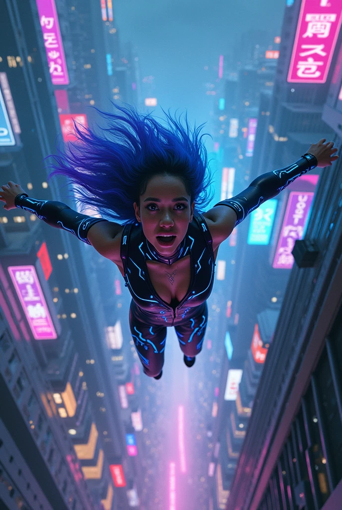 A dramatic aerial view captures a woman falling through the neon-lit streets of a sprawling cyberpunk city. The camera is positioned directly above her, emphasizing her descent. She is dressed in a sleek, futuristic outfit with glowing circuitry patterns that trail light as she falls. Her hair, colored in vibrant shades of blue and purple, streams upwards, adding to the sense of motion. The city below her is a labyrinth of towering skyscrapers, glowing billboards, and flying vehicles, all drenched in a palette of electric blues, purples, and pinks. Her expression is a mix of fear and determination as she plummets through the air. The background features holographic advertisements, rain-soaked surfaces reflecting the city’s lights, and a sky filled with dark clouds pierced by beams of neon light.