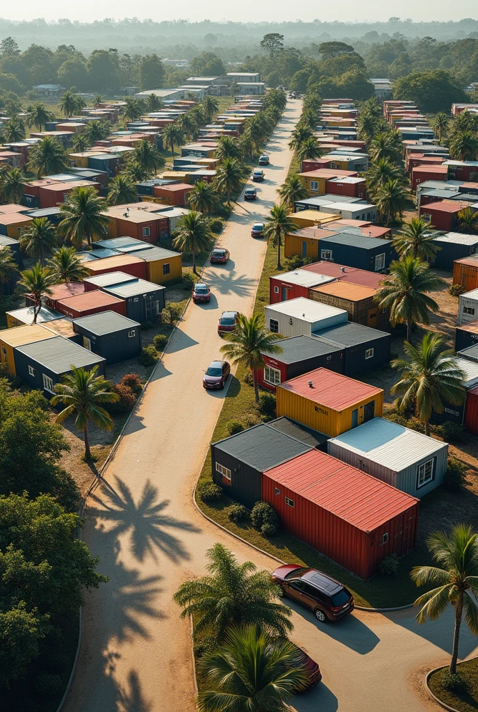 Container estate nice looking houses kind of small in uganda entebbe with a car road in the middle of the estate and different containers sizes ,colors with palm trees along the road and small middle big houses well designed cars parked along the road and the container should more for some houses the estate should be along side the entebbe express highway some should be put on others of 30houses but 90 containers