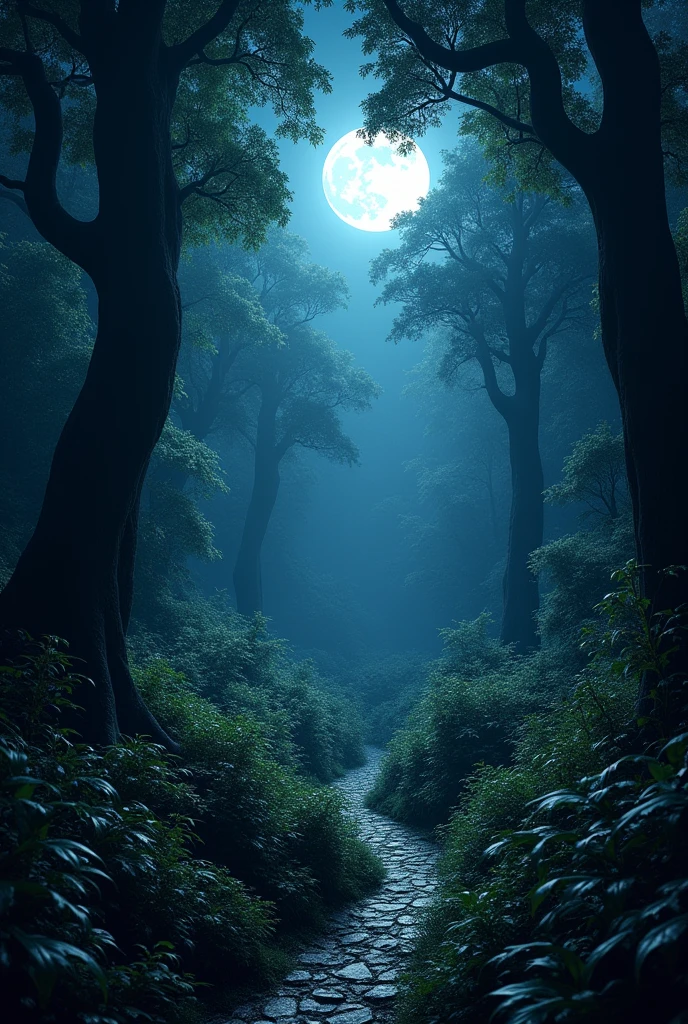 Scenario description:night forest: A dense, dark forest with tall, thick trees.fullmoon: A bright full moon illuminates the surroundings with a soft silver light.Illuminated Trail: A narrow, moonlit trail, surrounded by leaves and plants that have a slight iridescence.magical atmosphere: The forest has a magical aspect, with soft lighting and dramatic shadows created by the moon.