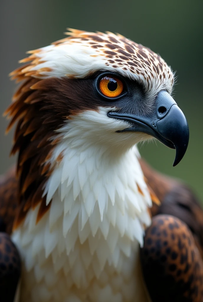 An Osprey bird facing towards the camera  , eyes focused on prey outside the frame, close up view of the head , eyes looking beside  the camera slightly away from direct gaze at camera, 