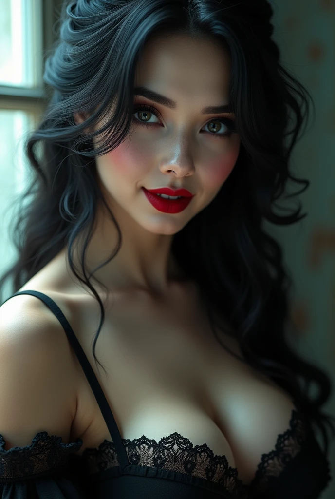 Close-up half-turn portrait of a mesmerizing gothic beauty bride with huge black eyes (catch the light in her eyes), with big breasts,big plump red lips parted in a charming and alluring smile, with thick, curled black locks, long and shiny,Mysterious gradient background in the background ,with soft lighting, emphasizes the dark romance of the scene. The overall atmosphere is both creepy and charming.. 8 K,uhd,RAW,a high resolution,Solarization effect