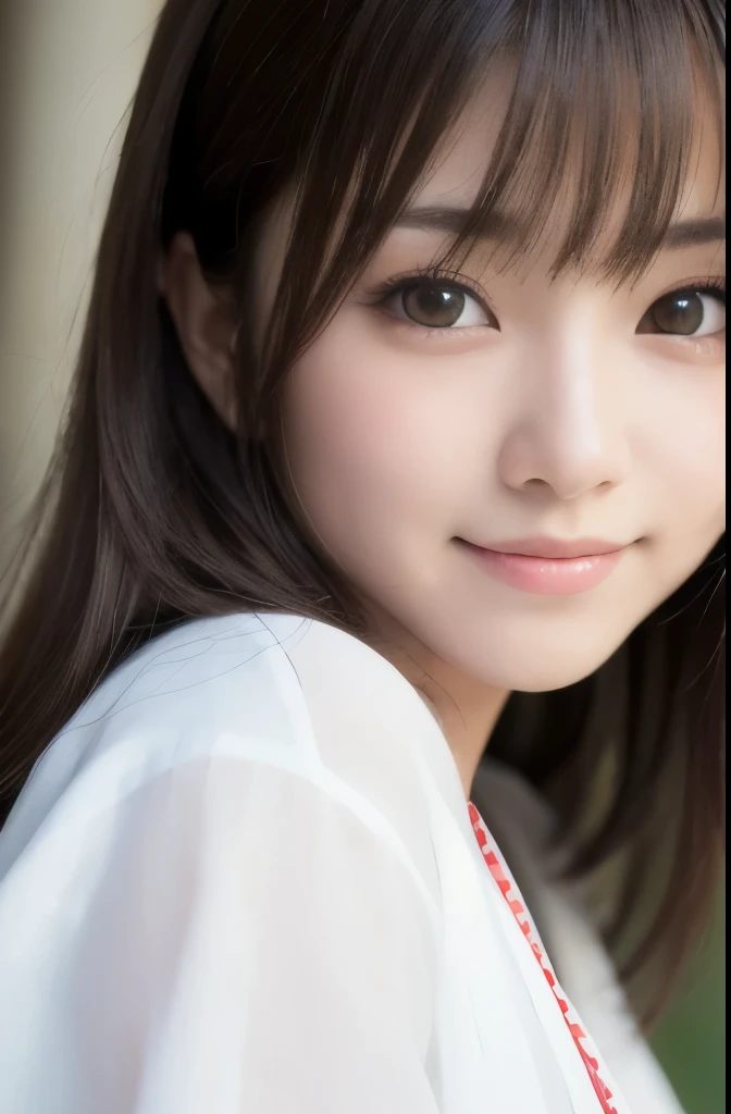 best quality, face focus, soft light, ultra high res, (photorealistic:1.4), RAW photo,(Shinozaki Ai), (fair skin), (kawaii),
1 Japanese girl, solo, cute, smile, (pupil, lights in the eyes),  detailed beautiful face, Medium-sized breasts,(high resolution detail of human skin texture),(long hair),(portrait), upper body, white traditional kimono