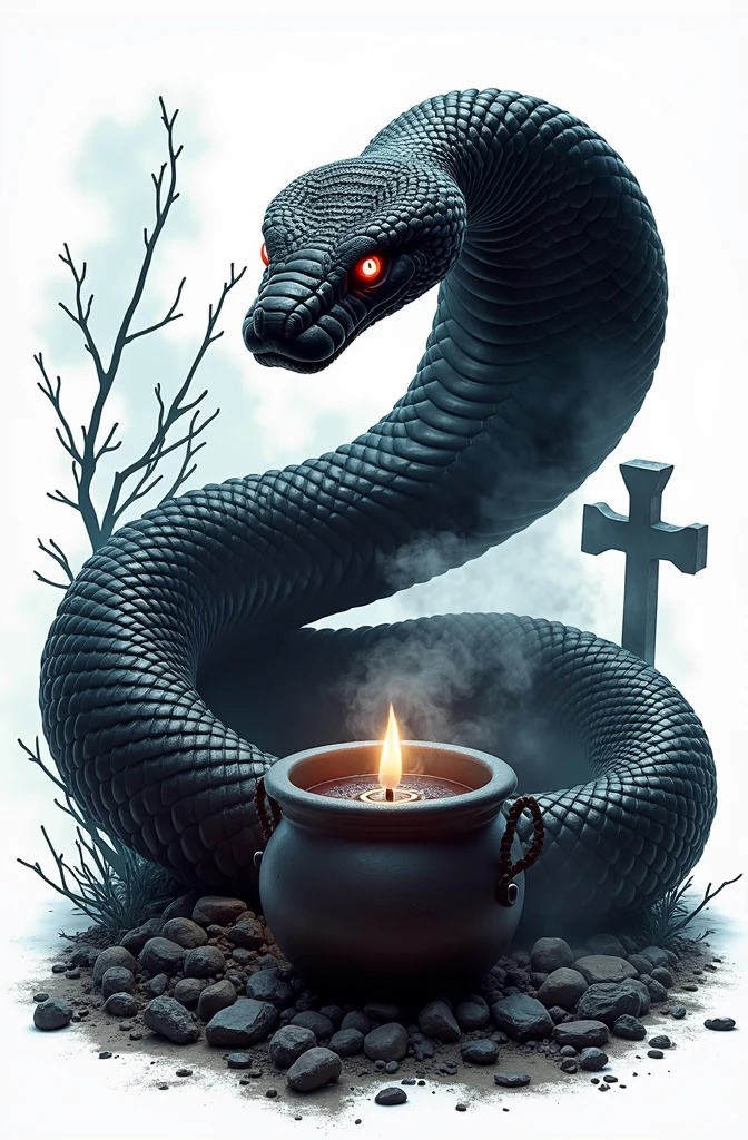 Black snake logo on white background, viper, Lair, cauldron, realisitic, Black Snake, Spell, cauldron, black manba viper snake, Eyes red, fire, cemetery, smoke, a snake, fundo branco, cobra perfeita, logo, cemitério vela preta acesa cemitério, fundo branco 