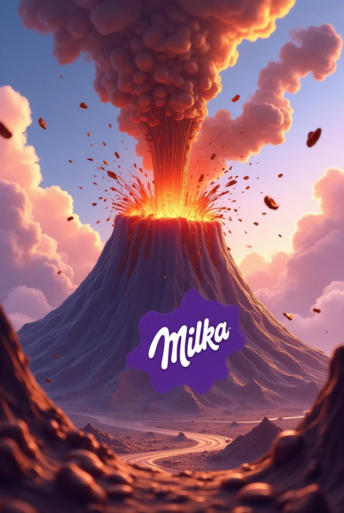 that a volcano that says milka explodes chocolate, an air chocolate and the purple volcano and the brown chocolate and that the volcano says milka