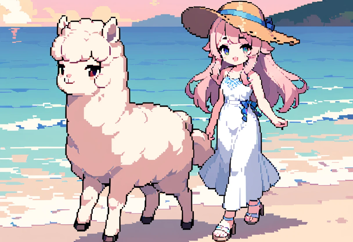 masterpiece, Highest quality, 8k, \(Pixel art, Vivid, Highest quality\), \((One person)), (young woman, Open your mouth, Fluffy hair, Long Hair, Hair like sheep's hair, Pink Hair, eyebrow, 太いeyebrow, White dress, Straw hat, High heel sandals\), (Highest quality:1.0), (\Seaside, Walking on the beach, evening\), One Alpaca