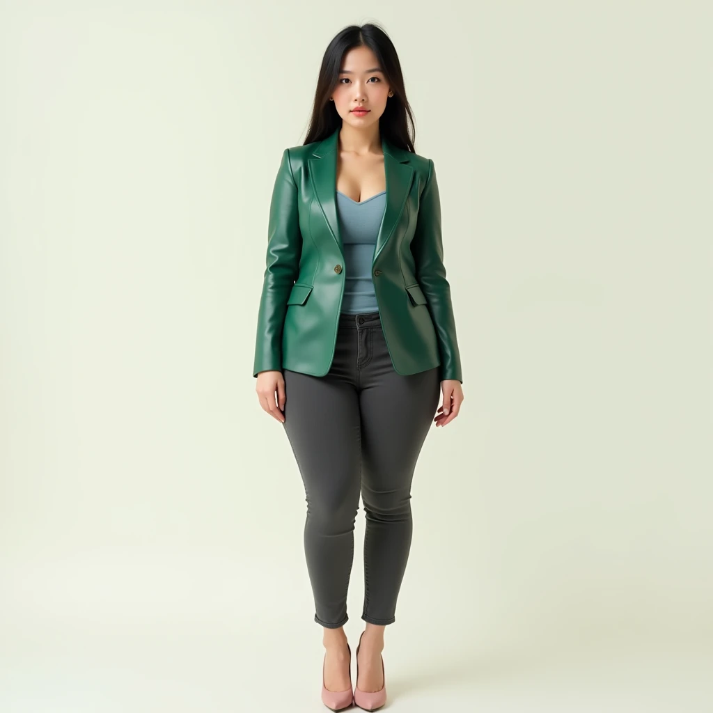 captured with a Sony α7 III camera, young Asia, an narrow waist, wide hips, and a full bust. The proportions are highly stylized, with a sharp contrast between the tiny waist and the expansive curves of the hips and chest, full body shot, fitted leather blazer Emerald green in color, bluish pink inner tee, Charcoal Grey Cigarette Pants, high heels Blush pink, standing straight, creamy white background.
