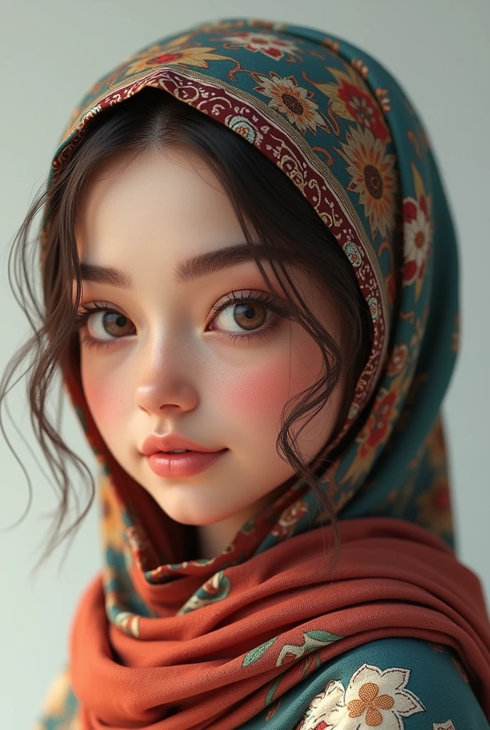 A emma myers,,perfect eyes,with elegance colourful hijab,medium body,eyes wink expression,,pm, 3d render
