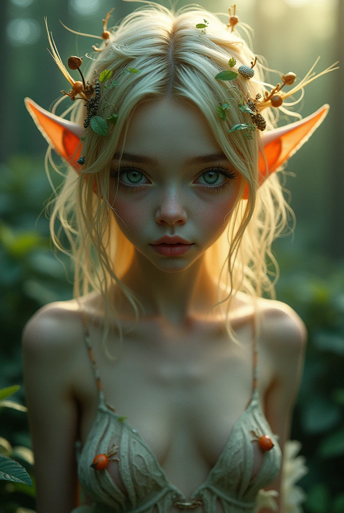 (Realystic:1.4), analog photo style, depths of field, (a blond-haired adult Pixie with different eyes), (small leaves and insects got tangled in wet hair), wide waist, (her full body is a visual pleasure), view from above, dark fantasy atmosphere, deep shadows with the some sun rays, a delicate balance between reality and fantastic, faded colours, great quality, Masterpiece, most detailed blurred surreal background, naturally cinematic light, 16k quality, kodak porta 400, bokeh.