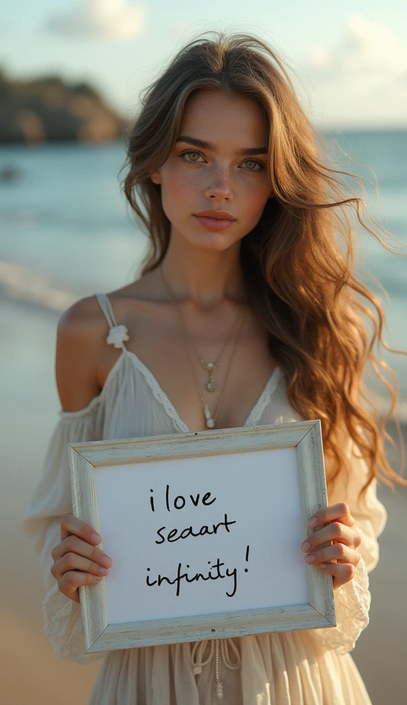 Beautiful girl with wavy long hair, bohemian dress, holding a white board with text "I Love Seaart Infinity" and showing it to the viewer