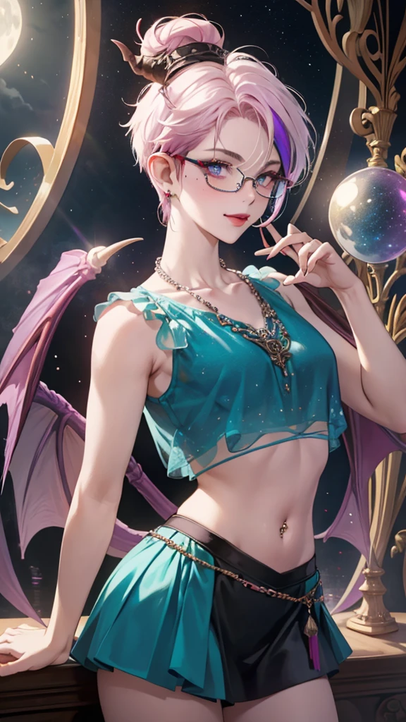 8k, masterpiece, best quality, highly detailed, 1 girl, tiefling, warlock, pixie cut, multicolored hair, very short straight hair green highlight hair on white hair, strippled hair, wearing glasses, round glasses, earrings, navel piercing, red eyeshadow, long eyelashes, blushed cheek, red lips, necklace, rings, collarbone, mole on face, glamorous, red and purple clothes, miniskirt, smirk, close up view, rings, looking at viewer, demon horns, solo, blue pale moon, standing, royal dress, devil books.
