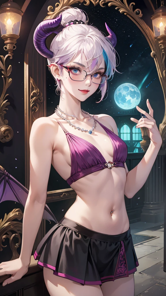 8k, masterpiece, best quality, highly detailed, 1 girl, tiefling, warlock, pixie cut, multicolored hair, very short straight hair red highlight hair on white hair, strippled hair, wearing glasses, round glasses, earrings, navel piercing, red eyeshadow, long eyelashes, blushed cheek, red lips, pearl necklace, rings, collarbone, mole on face, glamorous, teal and purple clothes, miniskirt, smirk, close up view, rings, looking at viewer, demon horns, solo, blue pale moon, standing, royal dress, devil books.