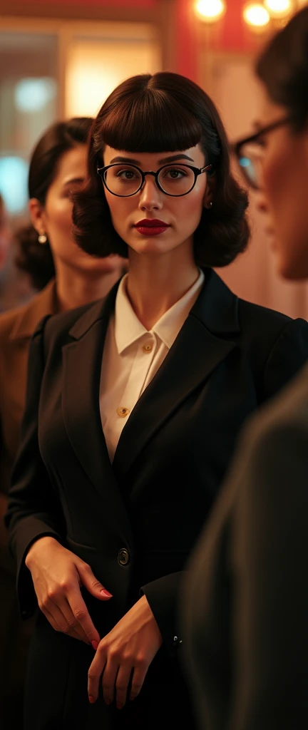 a woman, 1940s style, sophisticated, trophy wife, femme fatale, female, formal dress, bangs hairstyle, formal posture, very exquisite, quaint, elegant, glasses, centre to multiple other woman (best quality,4k,8k,highres,masterpiece:1.2),ultra-detailed,(realistic,photorealistic,photo-realistic:1.37),HDR,UHD,studio lighting,ultra-fine painting,sharp focus,physically-based rendering,extreme detail description,professional,vivid colors,bokeh,portraiture