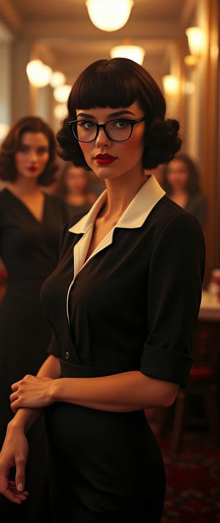 a woman, 1940s style, sophisticated, trophy wife, femme fatale, female, formal dress, bangs hairstyle, formal posture, very exquisite, quaint, elegant, glasses, centre to multiple other woman (best quality,4k,8k,highres,masterpiece:1.2),ultra-detailed,(realistic,photorealistic,photo-realistic:1.37),HDR,UHD,studio lighting,ultra-fine painting,sharp focus,physically-based rendering,extreme detail description,professional,vivid colors,bokeh,portraiture
