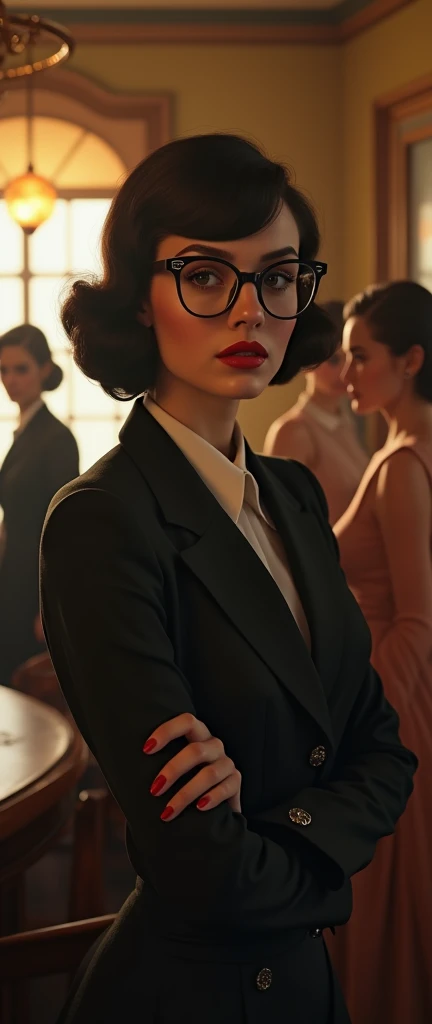 a woman, 1940s style, sophisticated, trophy wife, femme fatale, female, formal dress, bangs hairstyle, formal posture, very exquisite, quaint, elegant, glasses, centre to multiple other woman (best quality,4k,8k,highres,masterpiece:1.2),ultra-detailed,(realistic,photorealistic,photo-realistic:1.37),HDR,UHD,studio lighting,ultra-fine painting,sharp focus,physically-based rendering,extreme detail description,professional,vivid colors,bokeh,portraiture