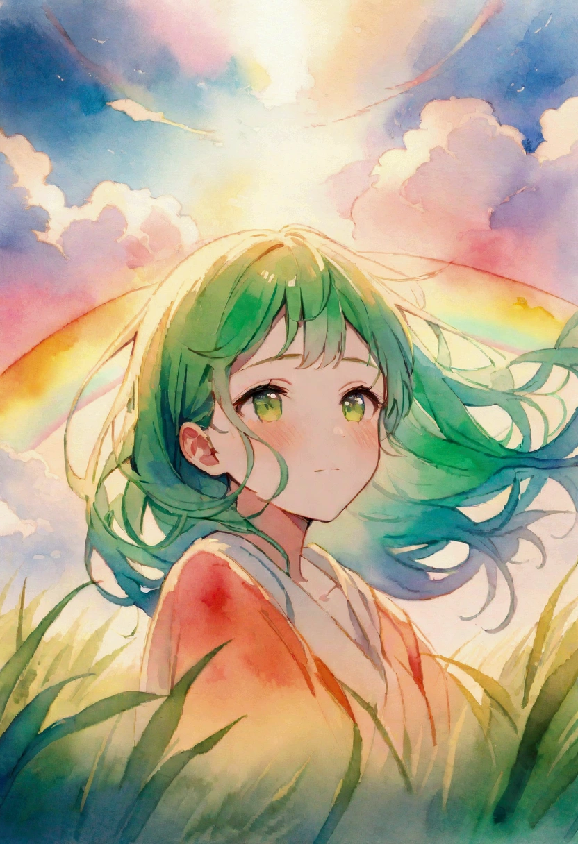Beautiful girl and boy, around , Playing in an open field, There is a vibrant rainbow overhead, Fantasy watercolor painting, High Detail, Soft lighting, Warm colors, Film composition, Detailed facial features, Emotional Expression, Natural relaxing posture, Lush green grass, thin clouds, Magical atmosphere, Fantastic watercolor quality