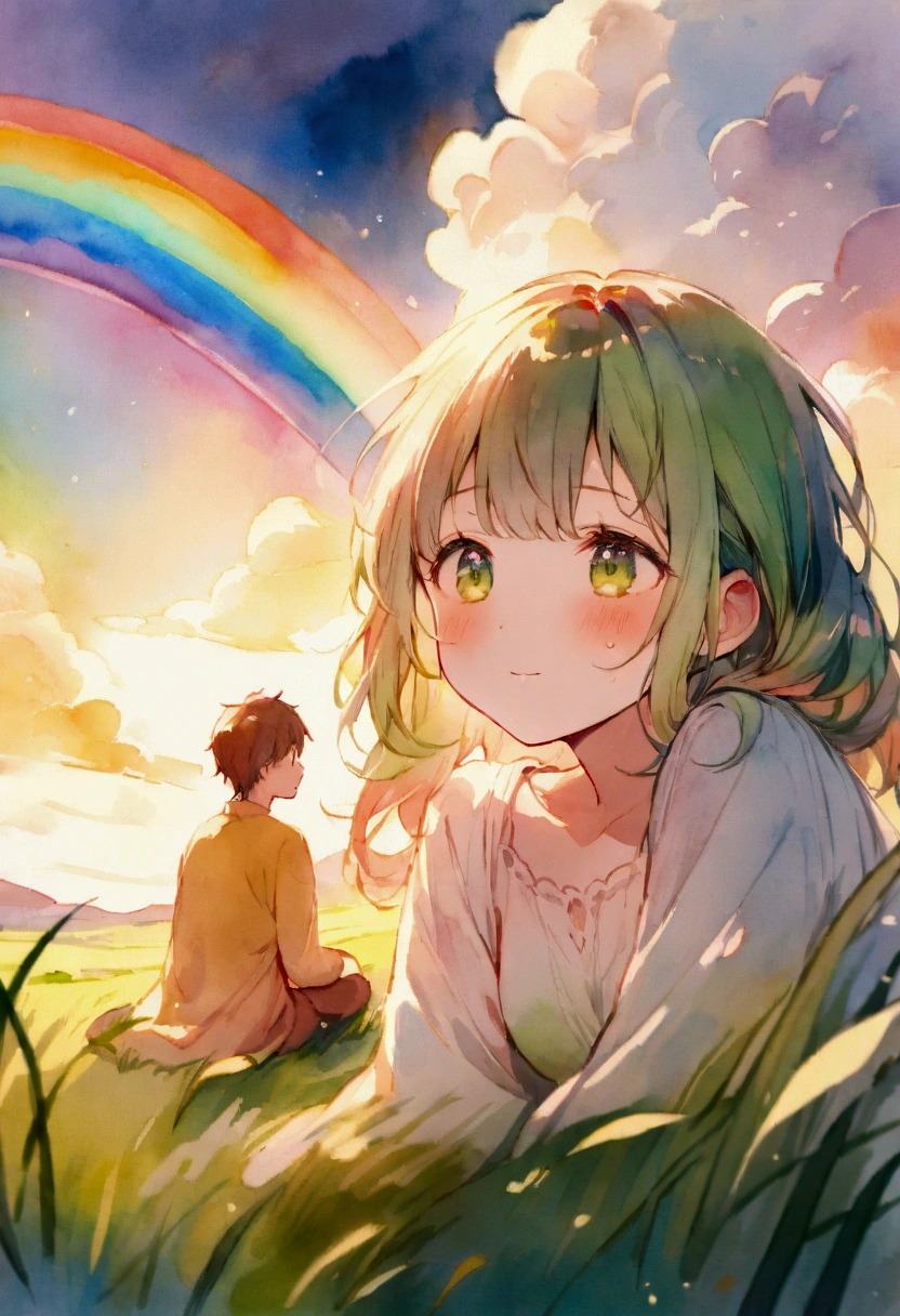 Beautiful girl and boy, around , Playing in an open field, There is a vibrant rainbow overhead, Fantasy watercolor painting, High Detail, Soft lighting, Warm colors, Film composition, Detailed facial features, Emotional Expression, Natural relaxing posture, Lush green grass, thin clouds, Magical atmosphere, Fantastic watercolor quality