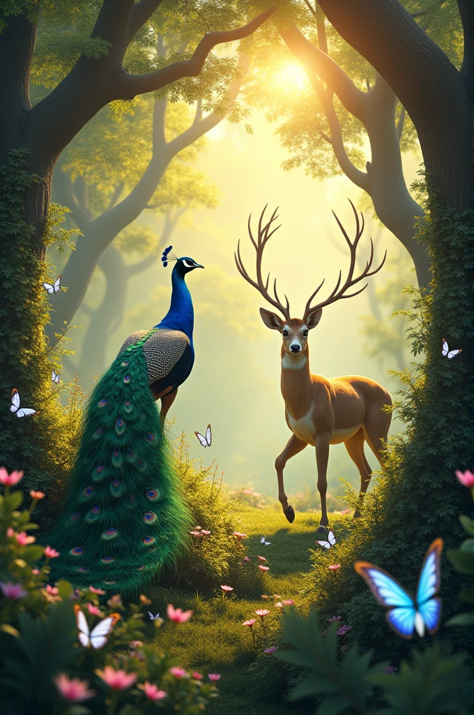 Forest with peacock, Butterfly,deer and sun rays