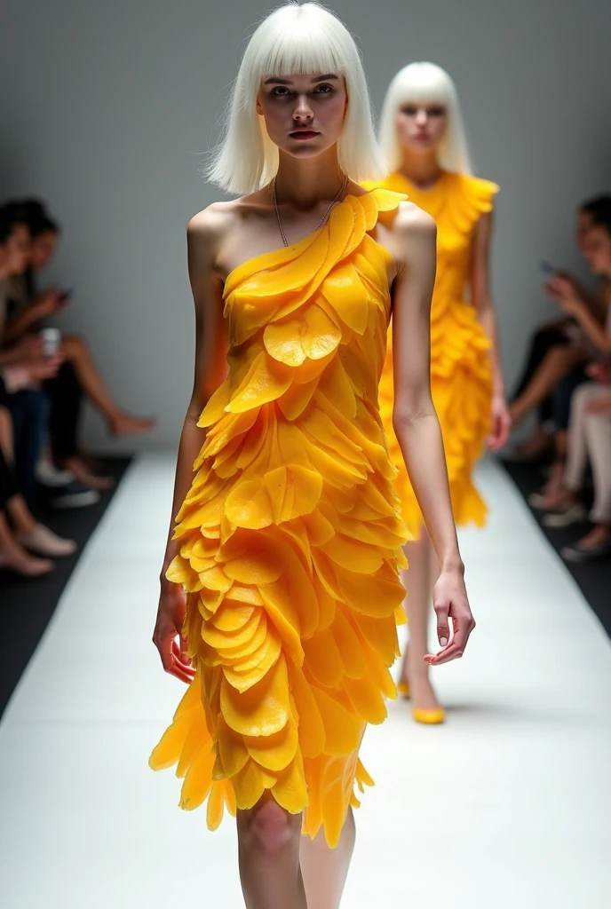 Imagine an avant-garde runway show featuring models wearing dresses made entirely of mango slices, showcasing the creativity and innovation in fashion design. The watermelon outfits could be adorned with intricate patterns or textures to create unique designs that exude style and individuality. In contrast, the models could wear white hair. --ar 69:128 --style raw --sref 695992723 405095850 2433968870 --personalize ae3yqyg --stylize 500 --weird 3 --v 6.1