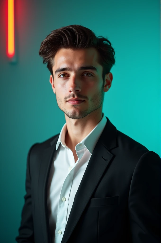 A young man with dark hair and a confident. He is dressed in a black blazer over a white shirt.The man is positioned Against Aqua colour backdrop with a subtle red lighting on the left side. And he posting for LinkedIn profile