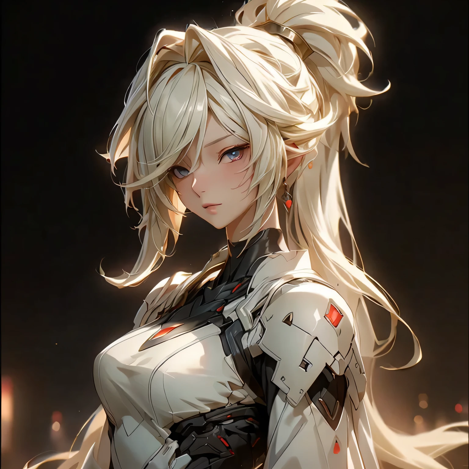 (best quality)), ((Masterpiece)), (details:1.4), 3d, HDR (high dynamic range), an image of a beautiful cyberpunk female, Blonde hair, High ponytail, Red eyes, จมูกโด่ง, ปากแดง, หน้าอกใหญ่, nvidia RTX, PBR surface, After processing, Anisotropic filtration,depth of field, Maximum clarity and clarity, multi-layered surface, Subsurface scattering, perfect proportions, 8K raw files, ultra detailed, Perfect proportions, volumetric lighting, soft lighting, Holy paladin, black Armor, glossy skin, castle background, jewely, ต่างหู, นิ้วมือสมบูรณ์,