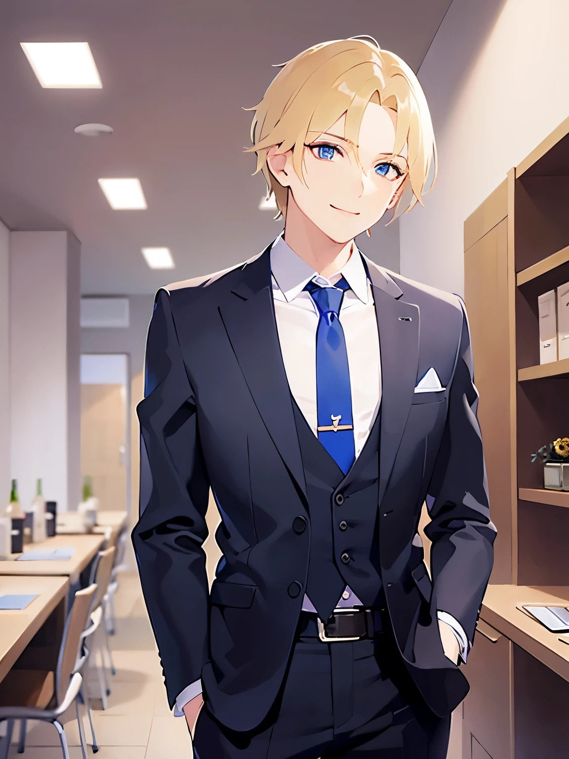 （looking away:1.5）,upper body、Side shot、shiny skin、masterpiece、Highest quality、BREAK ld male:1.5) and (Blonde short hair) and (Blue eyes), (Wearing a suit:1.3) and (tie) BREAK 
(smile:1.3),open mouth,Are standing、The background is the office、(alone:1.5)、Upper body is shown、