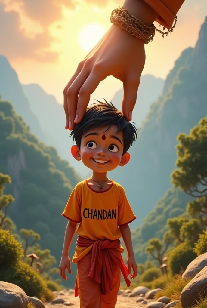  boy walking and hanuman coming after him and hanuman's hand putting on Boy head on mountains. Both are smiling. boy is wearing saffron t-shirt and name "Chandan" write on it with bold. he looks very realistic, cute, tilak Deccan on your head, and happy. very realistic pictures, high quality picture, realistic mountain, forest moment.sun lights reflection , the words"Happy Hanuman Janmotsav" write top Sky. make sure text must be correct & Visible.