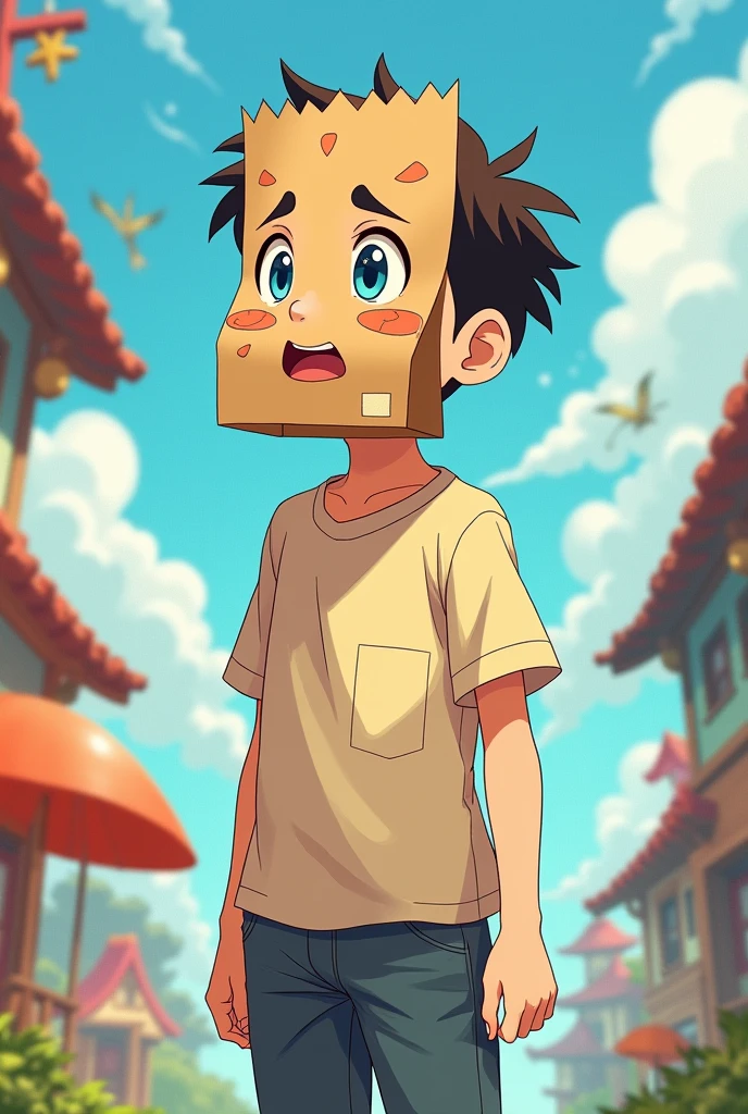 A boy and he don't have face instead of face he have paper bag with eyes and other facial expressions  in anime style 