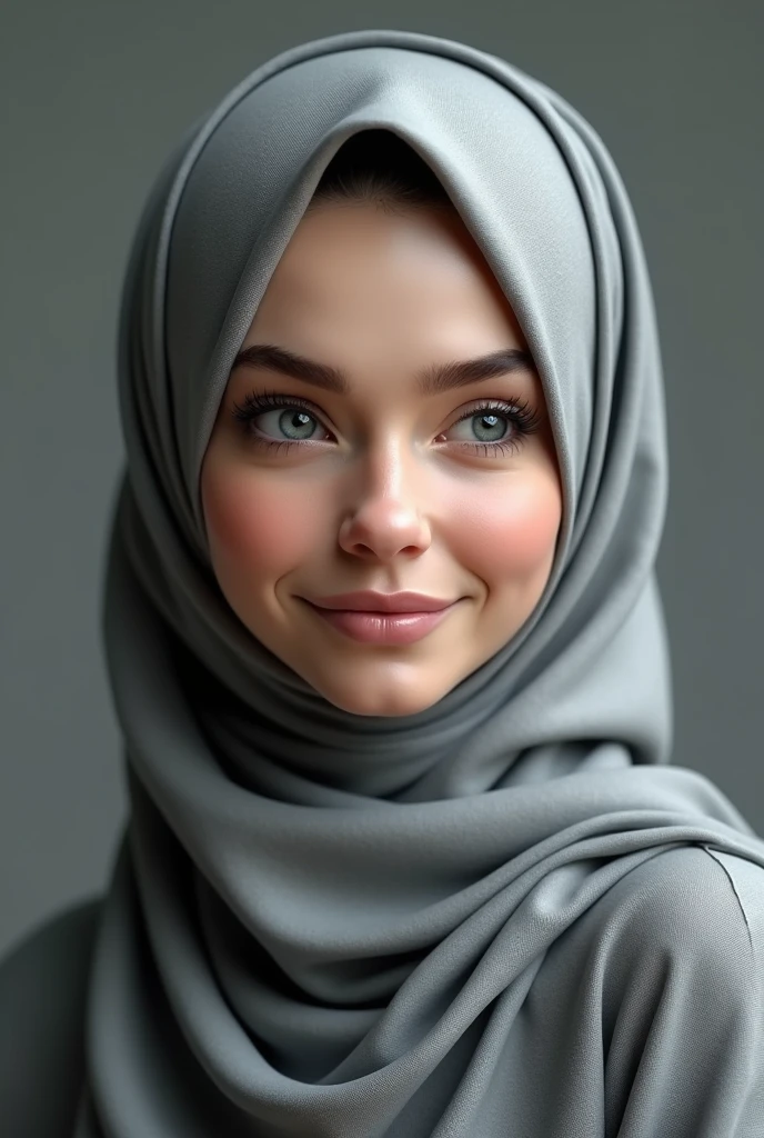 A emma myers,,perfect eyes,with modern grey hijab,medium body,eyes wink expression,,pm, 3d render
