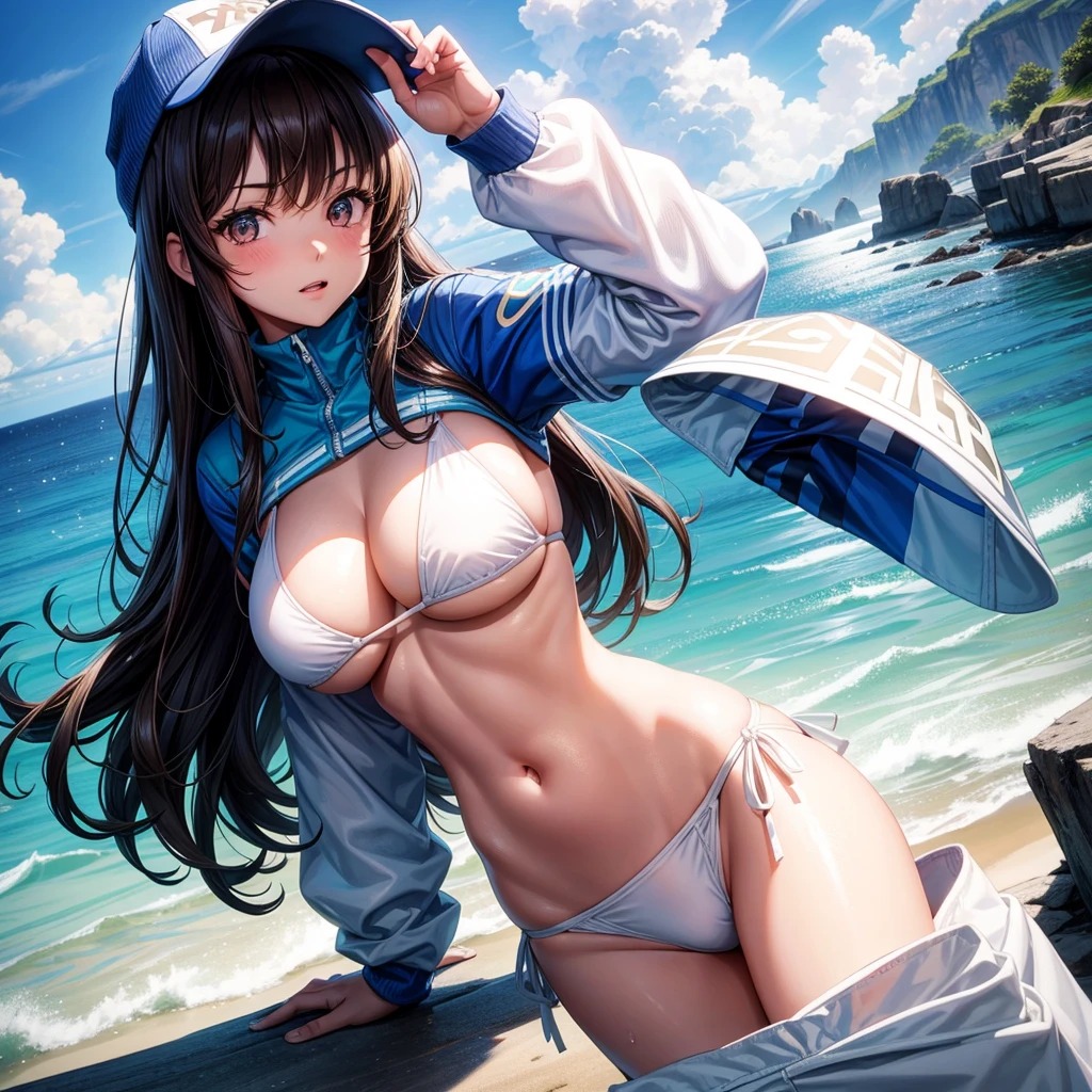 long dark hair / big tits / brown eyes / score_9, score_8_up, score_7_up, source_anime BREAK 1girl, solo, looking at viewer, cowboy shot, detailed background, Heroine X, stomach, navel, white bikini, white panties, side-tie bikini bottom, blue shrug \(clothing\), long sleeves, wristband, baseball cap, huge breasts, underboob, sideboob, beach, ocean, sunlight, waterdrop, heart hands,