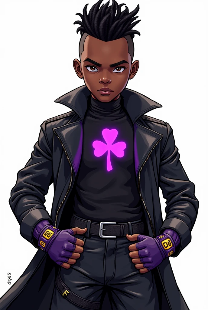 A black age boy with short punk mohawk dreadlocks wearing a hero costume made of leather and black kevlar vest with a dark purple four-leaf clover printed on the chest, magic gloves with yellow glowing runes, a black trench coat in a 90s goth punk hero pose. Fundo branco Comic book 2d style