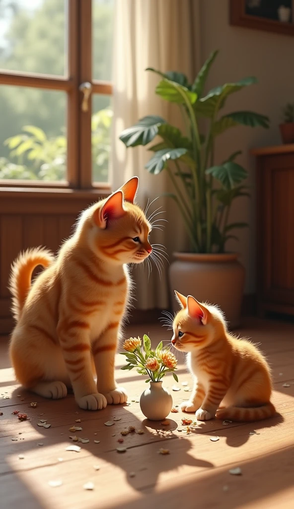 make me a realistic photo in a small village, The mother cat was scolding the orange kitten in the house for breaking a flower vase on the floor