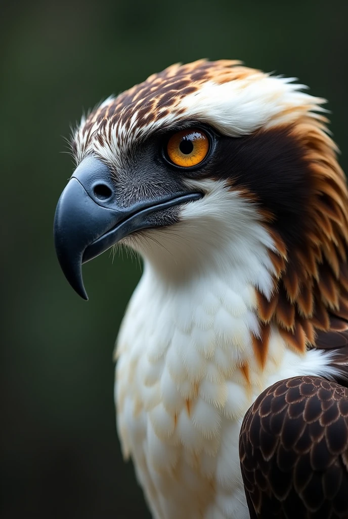 An Osprey bird facing towards the camera  , eyes focused on prey outside the frame, close up view of the head , eyes not directly gazing at camera