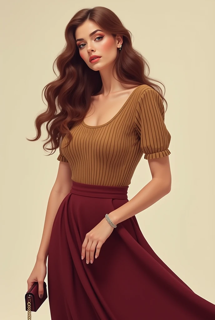 “A woman with long, wavy hair. She is wearing a vertically striped shirt and a wine-red flare skirt. She has a watch or bracelet on her left wrist and is holding a small handbag in her right hand. The background is simple.”