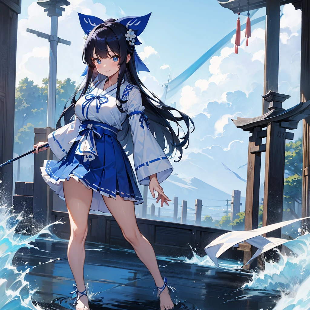 masterpiece,Highest quality,High resolution,Super detailed,hyper quality, highly detailed, (((gripping Big Spear))), The best smile、(((Blue and white shrine maiden costume))), (((青いmicro mini skirt))), Black hair straight、long hair、I don't wear anything on my feet、(((Blue Big Ribbon))), Large slit eyes、Straight bangs、Big Breasts、Blue sleeves、Girl、Height: 165cm、Are standing、Shrine Background