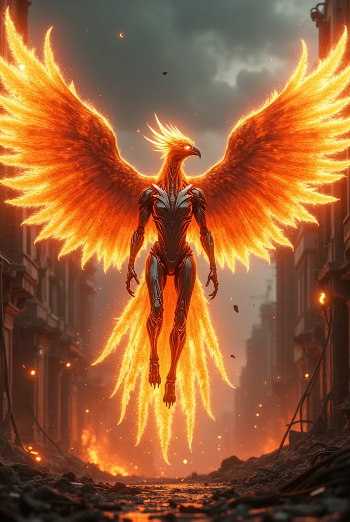 "In the midst of a devastated, futuristic cityscape, an awe-inspiring cyborg-phoenix hybrid emerges, its form a stunning blend of advanced technology and fiery myth. The creature's wings, a fusion of molten metal and vibrant flames, stretch wide, casting an intense, glowing light over the ruins of towering skyscrapers. Its body, a seamless integration of mechanical and organic elements, glows with pulsating energy, with feathers of fire intertwining with sleek, metallic armor. Its eyes, burning with a mix of artificial intelligence and ancient power, scan the desolate environment with a fierce, unyielding gaze. As it hovers above the shattered city streets, cables and wires spark beneath it, trailing embers that set the air alight. The sky above is dark, filled with swirling ash and smoke, yet the cyborg-phoenix stands as a symbol of resilience and rebirth amidst the apocalypse, a beacon of hope in a world on the brink of collapse.