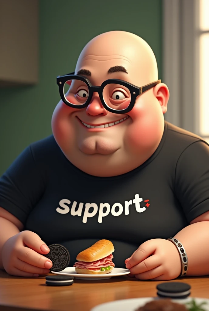 white male, baldie, fatter, cheeky, wrinkled face, Large belly, with glasses, eating baguette bread with ham, Oreo cookie on a table, wearing a black shirt with the word Support written in Portuguese.