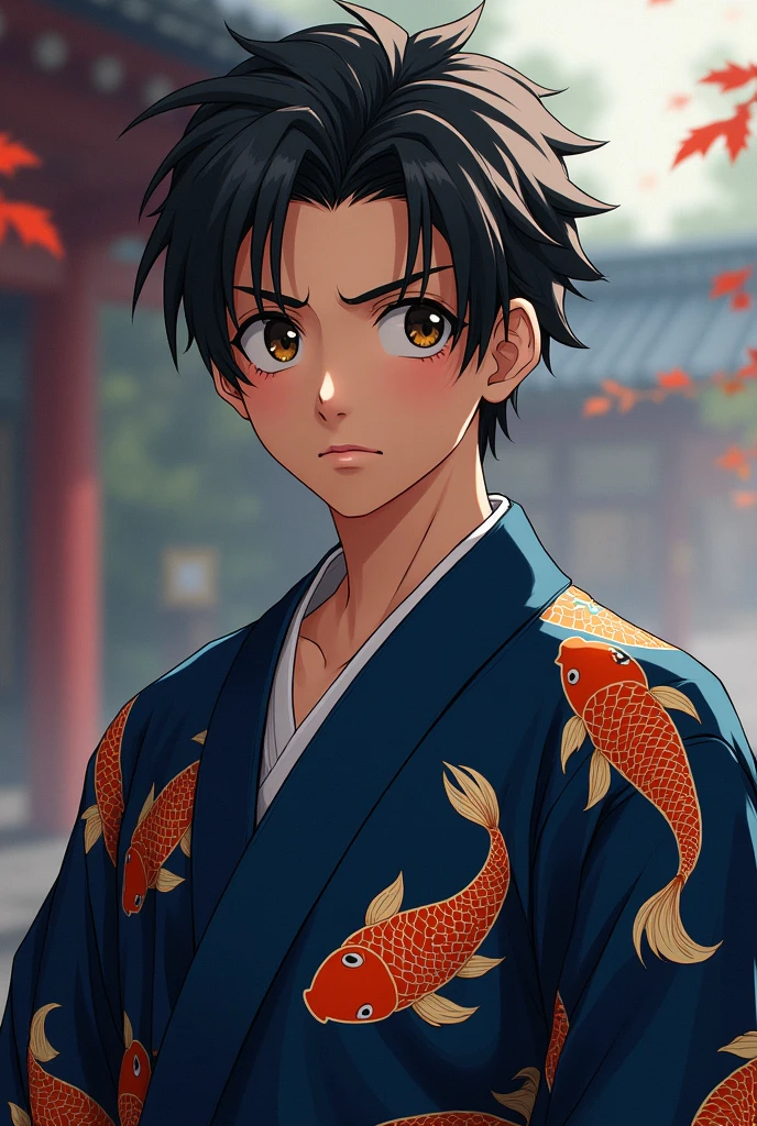 Male character ager with brown skin and short black hair slicked back, dark brown eyes, wearing a dark blue kimono with a gold fish print, demon slayer anime style