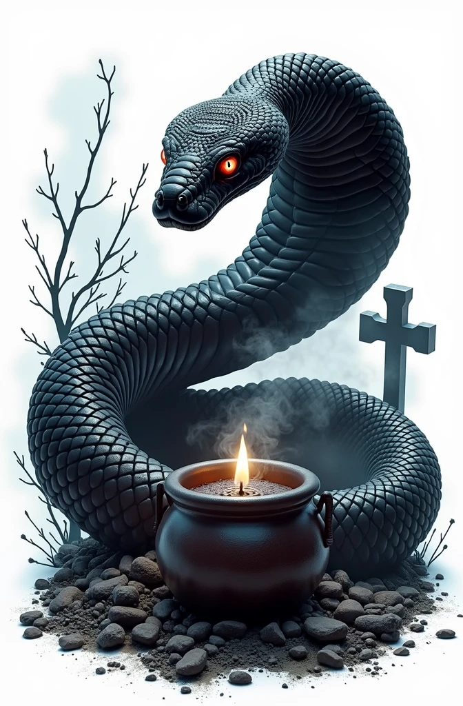 Black snake logo on white background, viper, Lair, cauldron, realisitic, Black Snake, Spell, cauldron, black manba viper snake, Eyes red, fire, cemetery, smoke, a snake, fundo branco, cobra perfeita, logo, cemitério vela preta acesa cemitério, fundo branco 