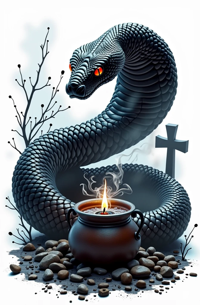 Black snake logo on white background, viper, Lair, cauldron, realisitic, Black Snake, Spell, cauldron, black manba viper snake, Eyes red, fire, cemetery, smoke, a snake, fundo branco, cobra perfeita, logo, cemitério vela preta acesa cemitério, fundo branco