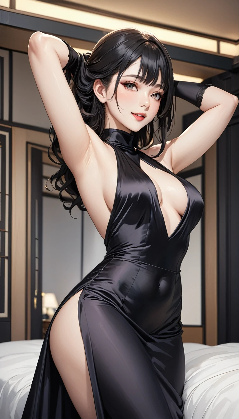 (masterpiece,Highest quality,Ultra-high resolution),Japanese women,Smiling, (((A very beautiful 2))),((Black high-neck long dress in satin)),(Tight fit),No sleeve、Satin opera gloves、Satin knee-high socks、Satin has a very strong sheen、Place your arms behind your head