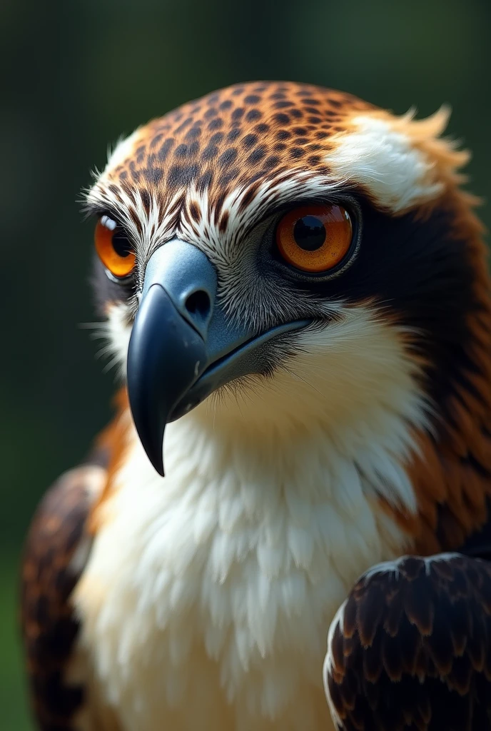 An Osprey bird facing towards the camera , eyes focused on prey outside the frame, close up view of the head , eyes not directly gazing at camera