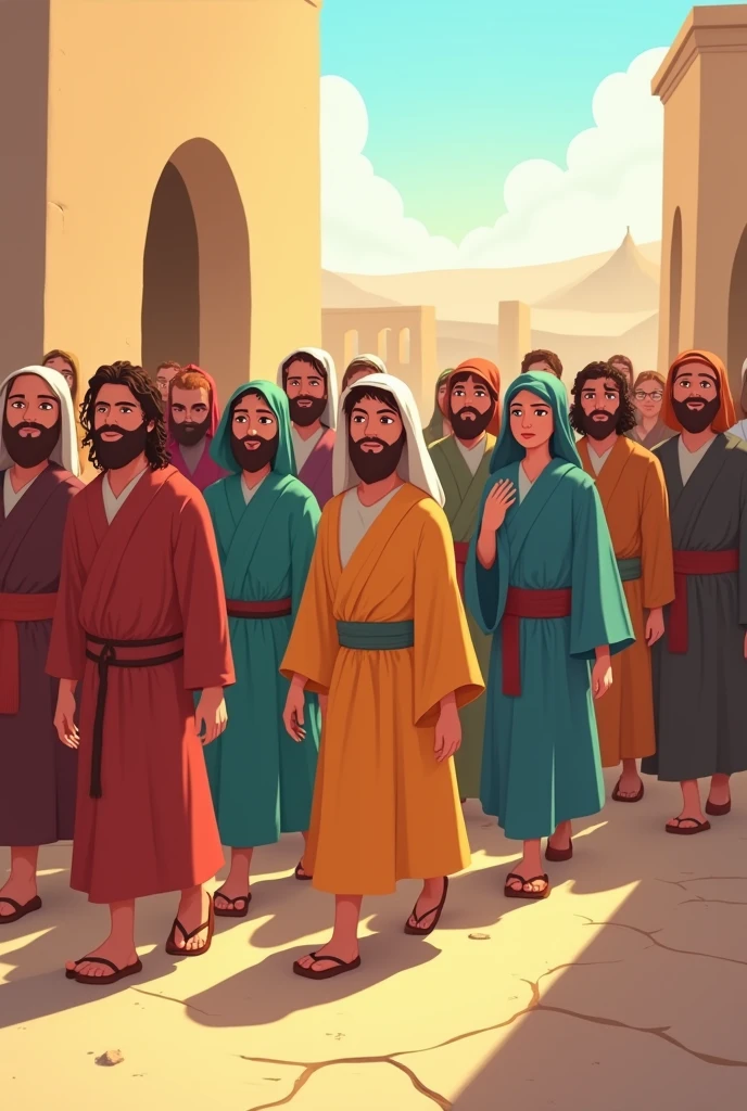 the people of Israel men and women walking forward in garments from the time of Jesus cartoon