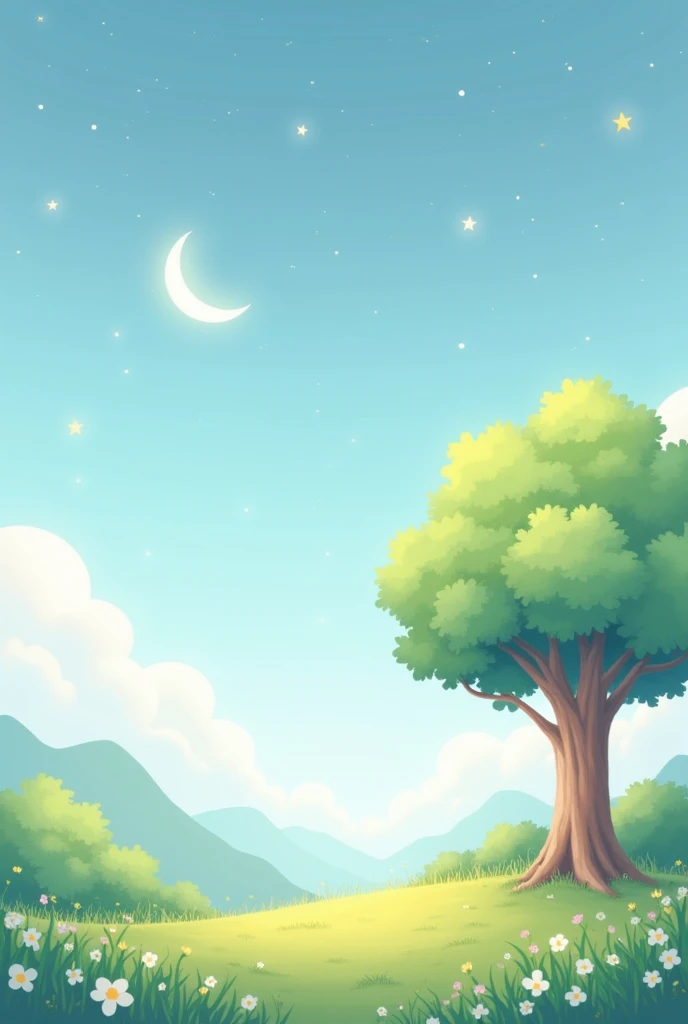 Make a pastel-colored website with a friendly vibe for my project，There are small grass and flowers underneath，There is a tree next to it，blue sky，Starry Sky，moon