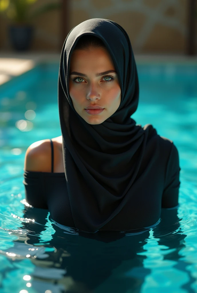 (photorealism:1.2), beautiful woman, wearing hijab, have a big tit, sexy pose, nude, in swimming pool