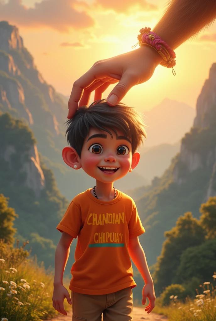  boy walking and hanuman coming after him and hanuman's hand putting on Boy head on mountains. Both are smiling. boy is wearing saffron t-shirt and name "Chandan" write on it with bold. he looks very realistic, cute, tilak Deccan on your head, and happy. very realistic pictures, high quality picture, realistic mountain, forest moment.sun lights reflection , the words"Happy Hanuman Janmotsav" write top Sky. make sure text must be correct & Visible.
